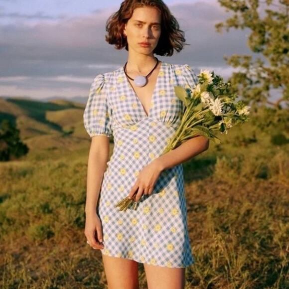 Staud Blue Gingham Daisy Milla Mini Dress Sz.8 NWT - Picture 2 of 14